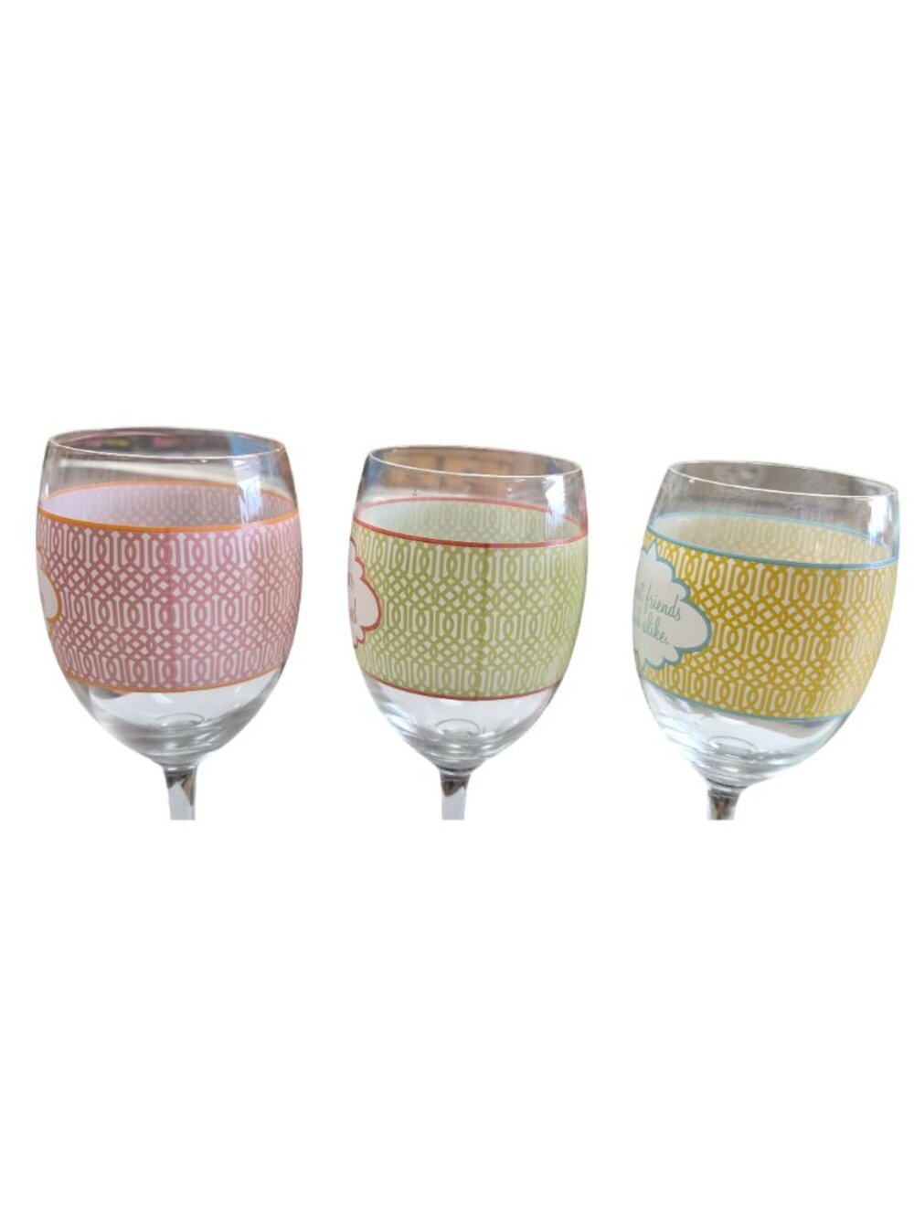 Decorative Wine Glasses LOT 3 Fun Quotes Geometric 8 Inch Pink Green Yellow - Picture 4 of 4
